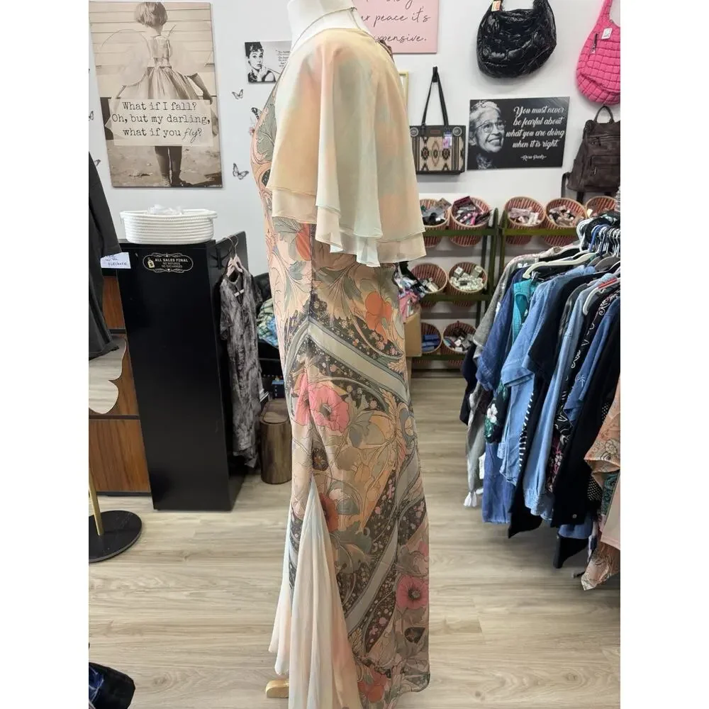 Free People Fairy Combo Floral Chiffon Maxi Dress Pink Flutter Sleeve Size M