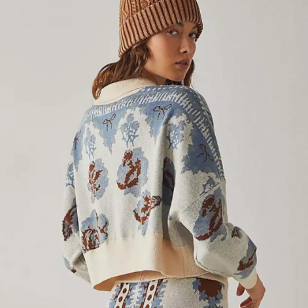 Free People Fuzzy Feeling Polo Sweater Cropped Floral Knit Top