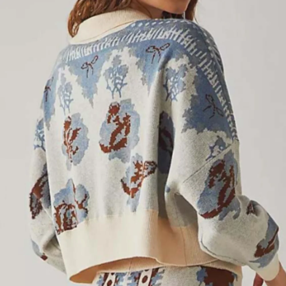 Free People Fuzzy Feeling Polo Sweater Cropped Floral Knit Top