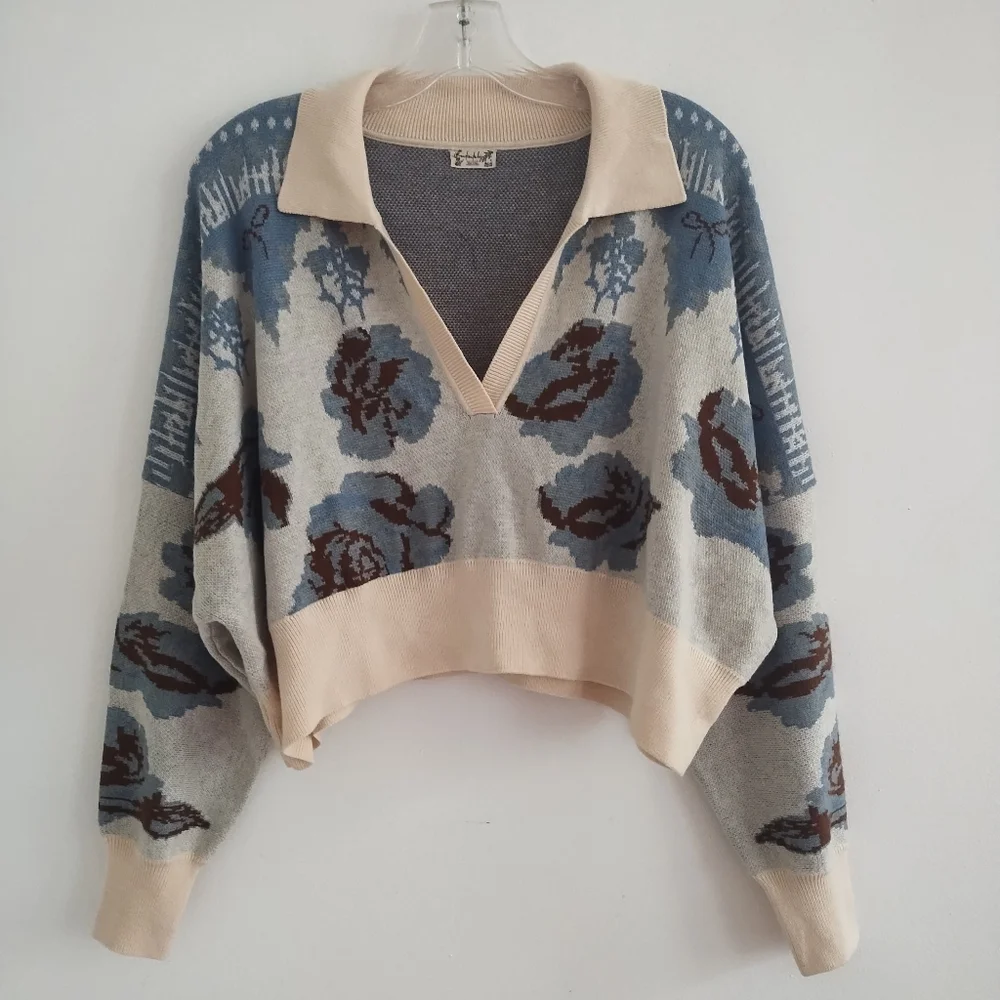 Free People Fuzzy Feeling Polo Sweater Cropped Floral Knit Top