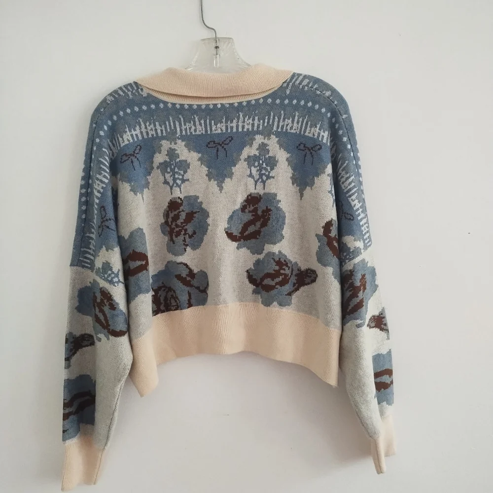 Free People Fuzzy Feeling Polo Sweater Cropped Floral Knit Top