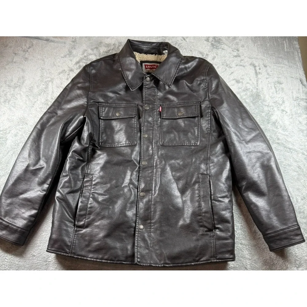 Levi's Faux Leather Sherpa Lined Trucker Jacket Men's M Black PU Moto Western