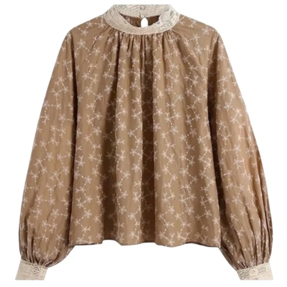 Zara Cotton Embroidered‎ Lace-Trim Puff Sleeve Blouse Snall Cottagecore