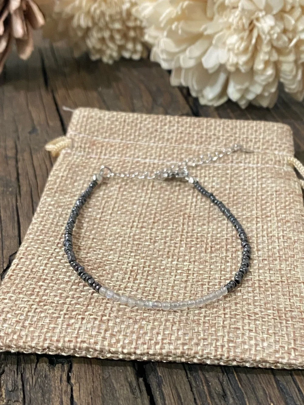 Dainty Chain Bracelet, Tiny Hematite & Labradorite beads, 18k Gold Filled Chain