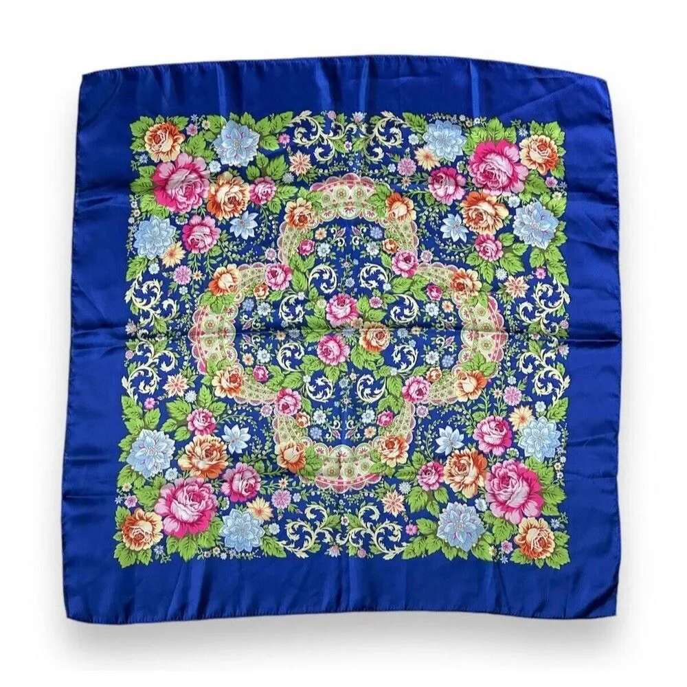 Blue Edges Pink Floral Vintage Scarf 26