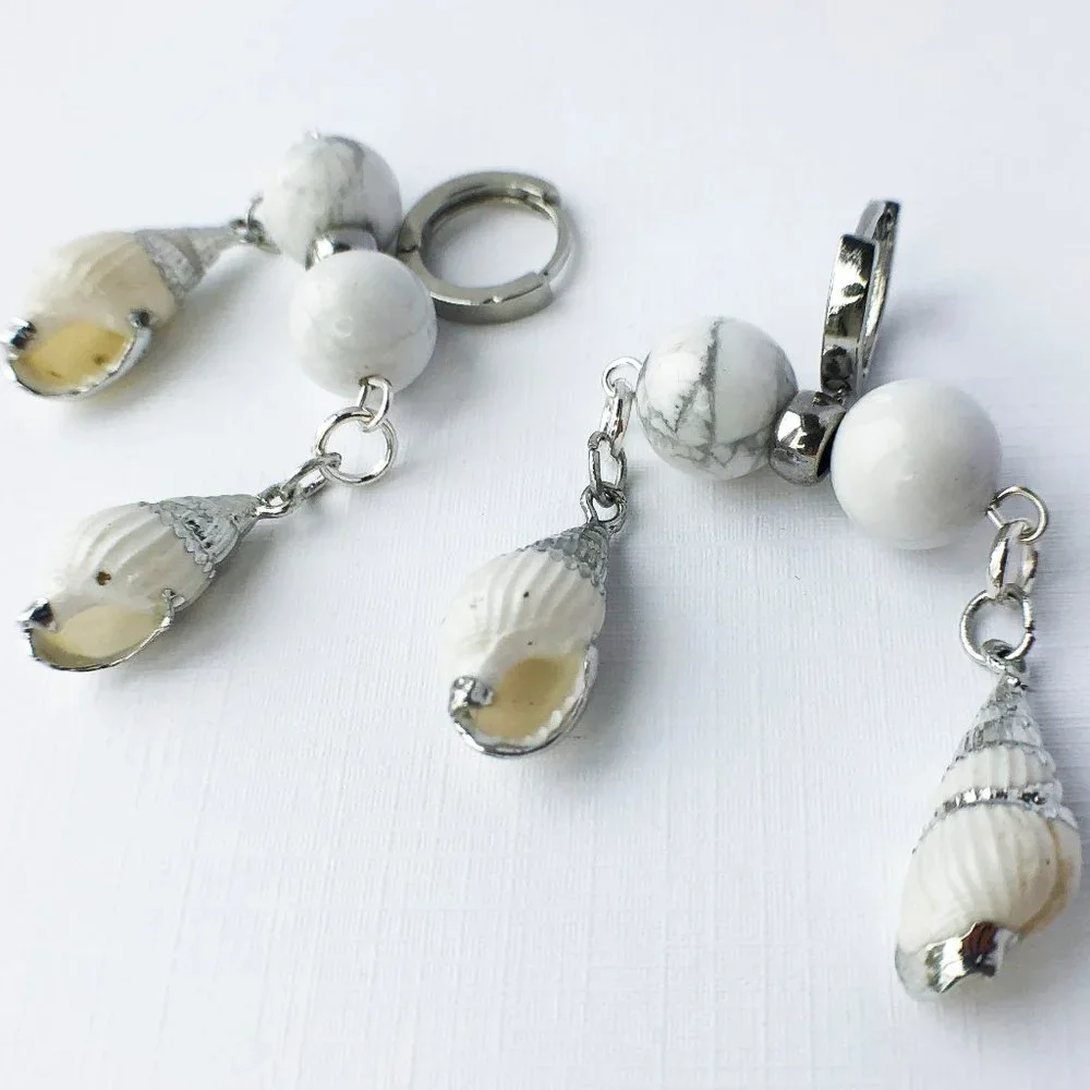 Unique White Shell Chunky Earrings, Handcrafted Howlite Dangle Hoops