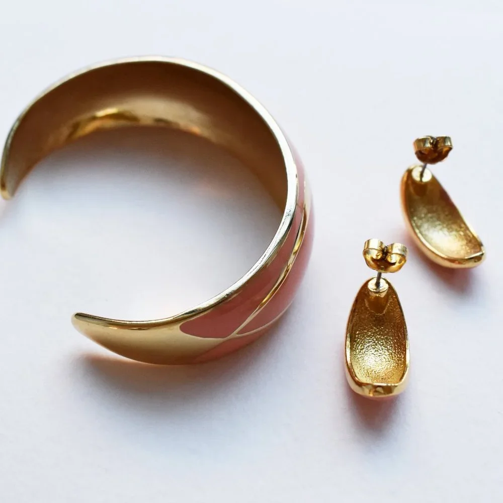 Blush orange enamel stud earrings, cuff bangle bracelet, gold summer jewelry set