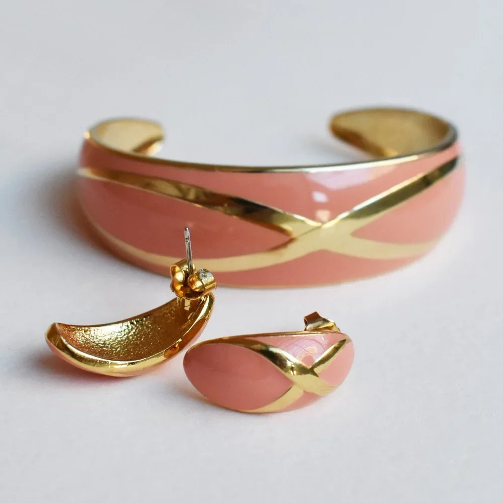 Blush orange enamel stud earrings, cuff bangle bracelet, gold summer jewelry set
