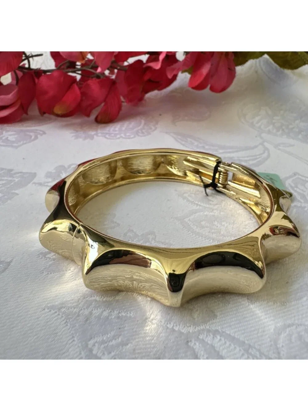 And Lovely Chunky Bracelet Shiny Goldtone Cuff Bangle Hinged 1/2