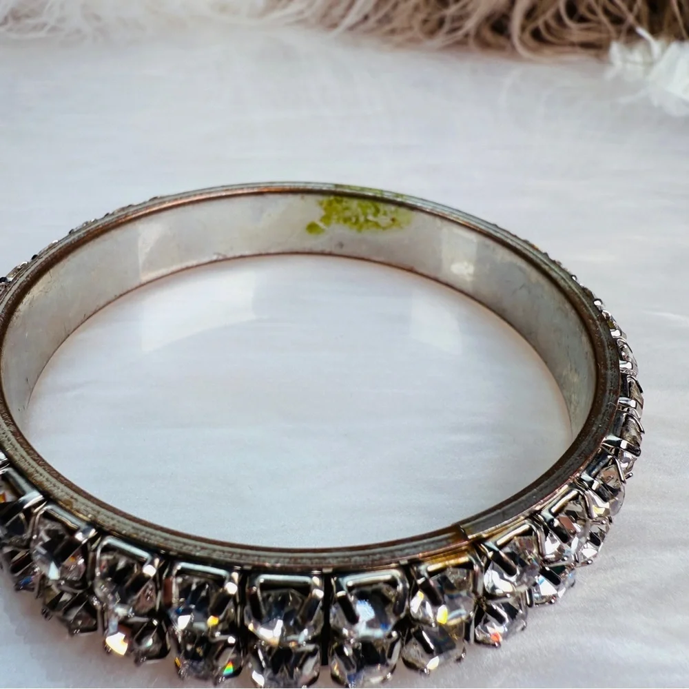 Vintage weighted Silvertone Crystal Bling Bangle Bracelet