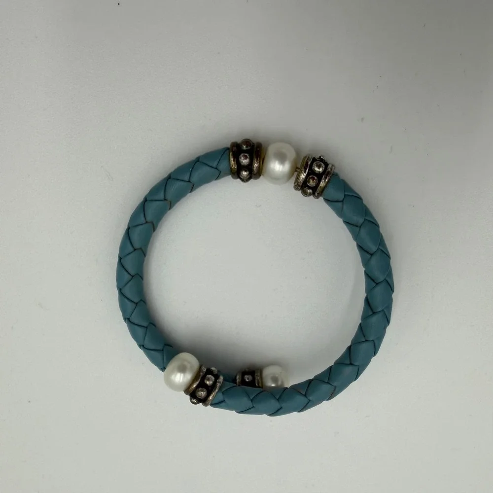 Braided Blue Leather Pearl Cuff Bracelet Antiqued Silver Accent Western Aztec