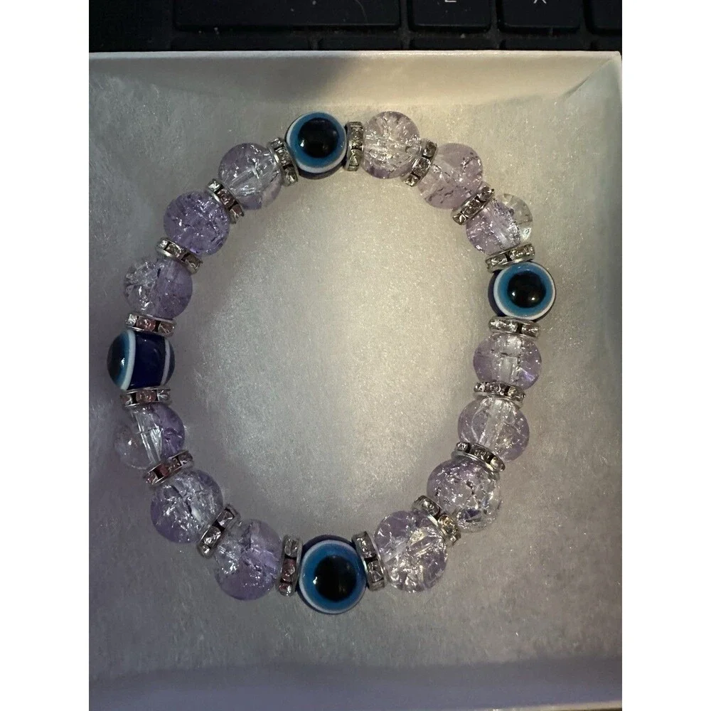 Evil Eye Bracelet Stack Set Blue Pink Clear Stretch Bracelets From Greece New