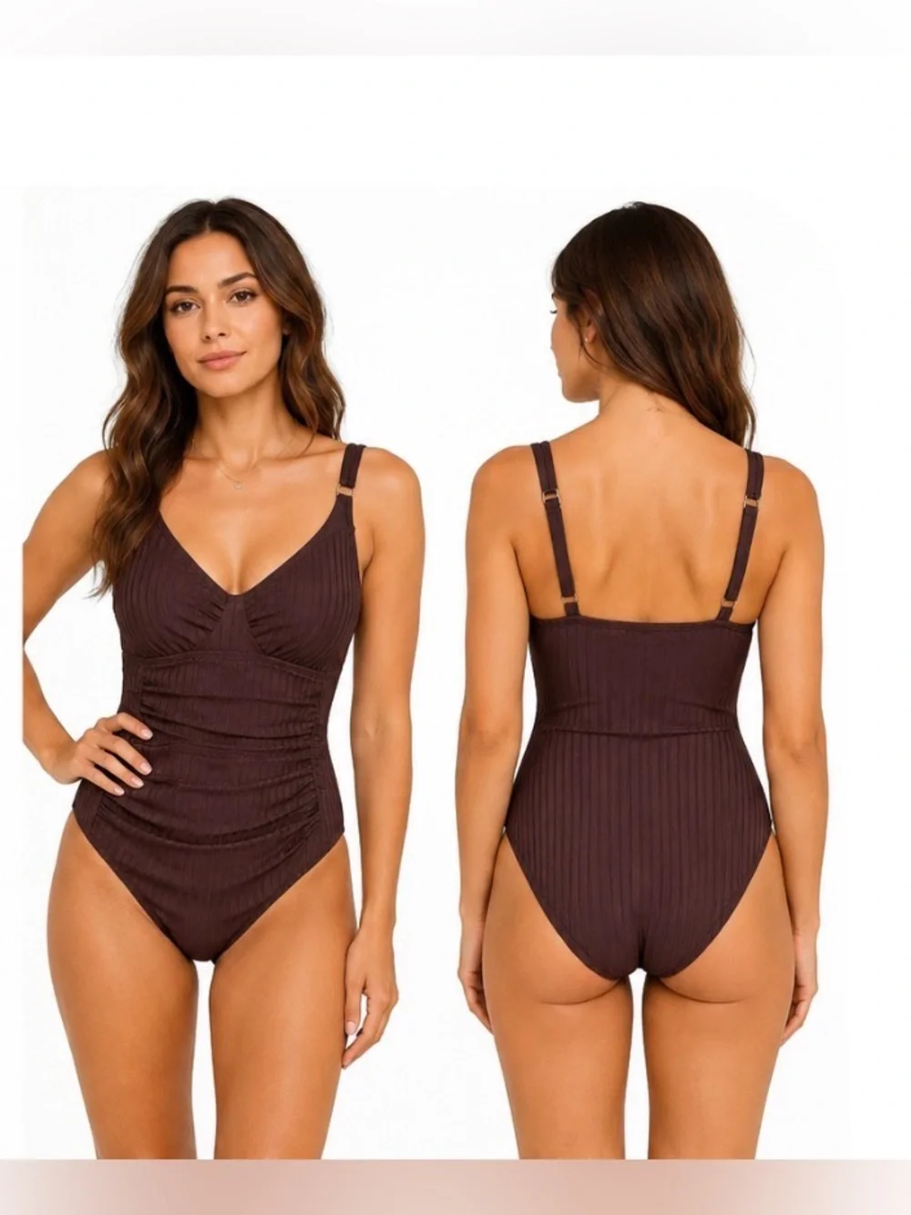 ELLEN TRACY NEW RIBBED ONE PIECE SWIMSUIT S brown summer vacation resort beach