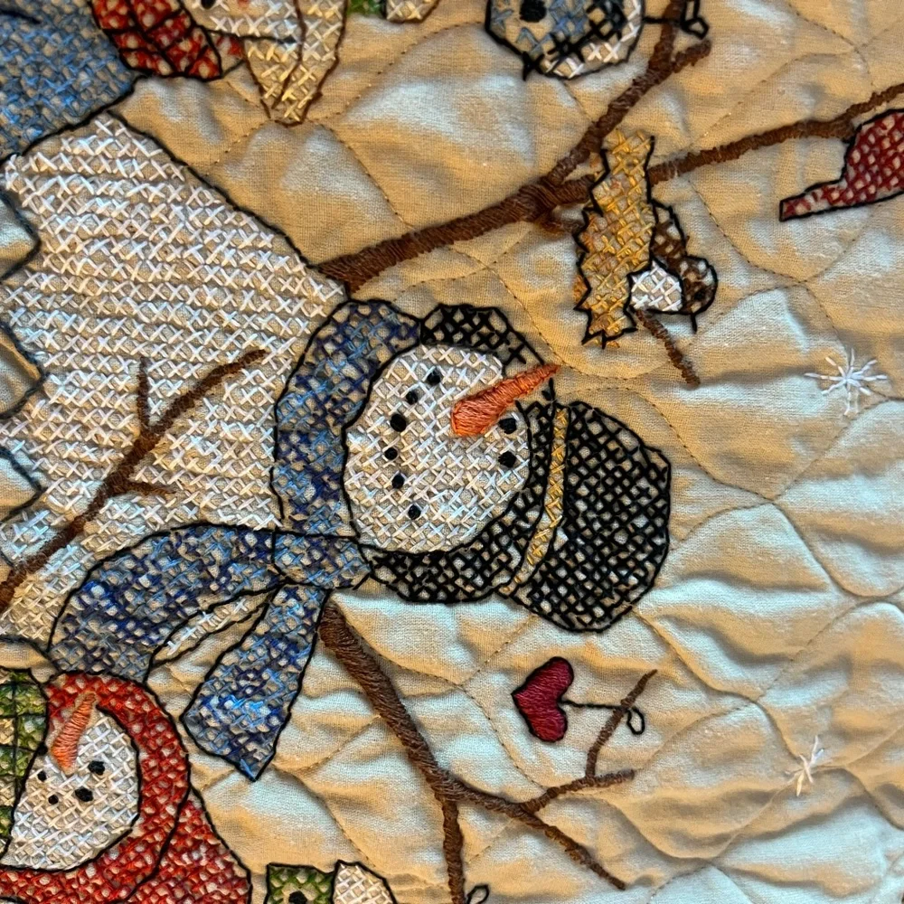 Snowman cross stitch Quilt with Colorful Scarves 39”x 30”