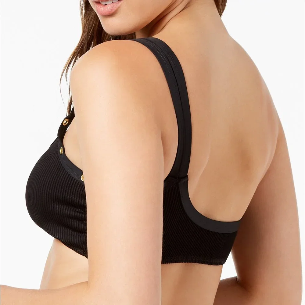Bar III Black One-Shoulder Ribbed Bikini Top with Gold Studs