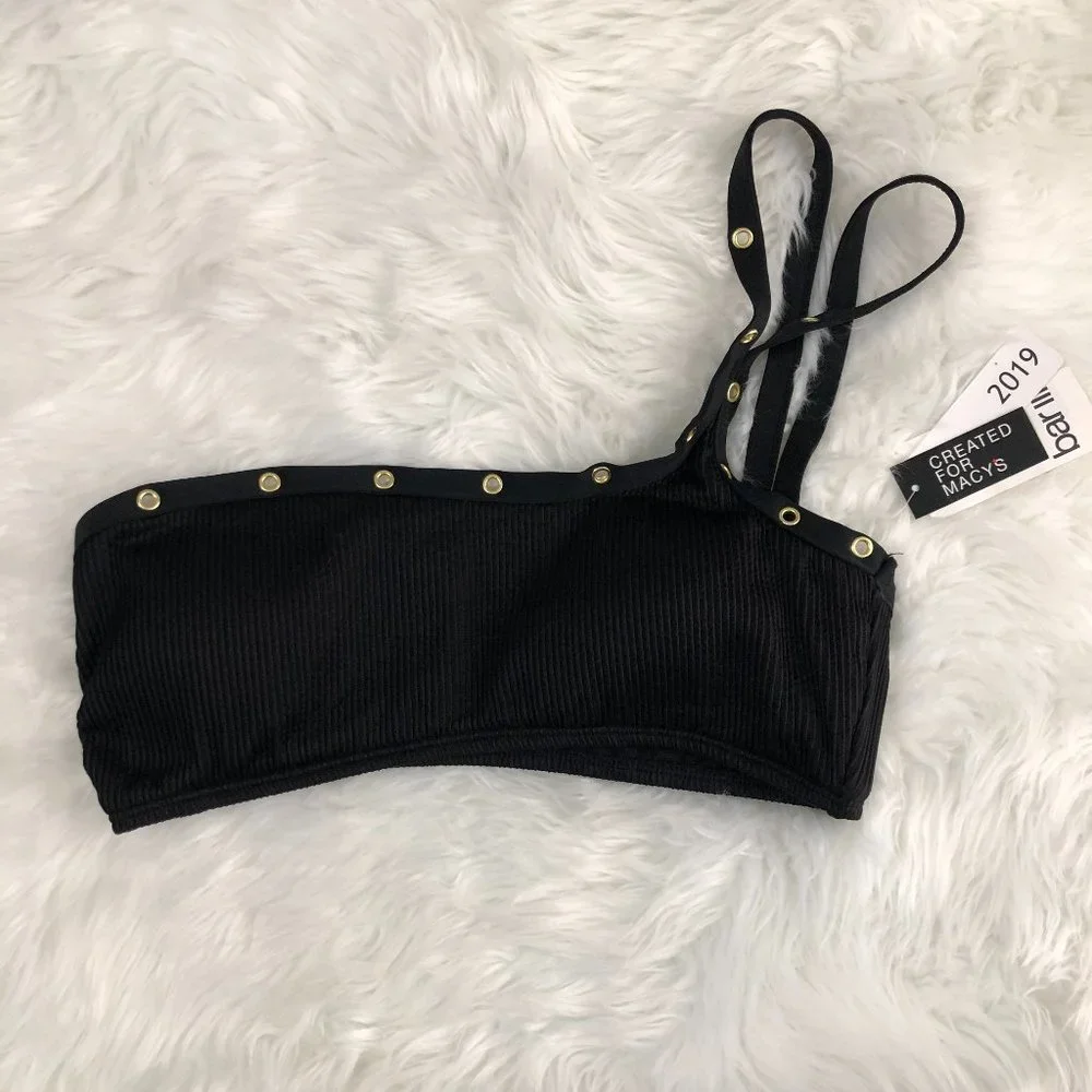 Bar III Black One-Shoulder Ribbed Bikini Top with Gold Studs