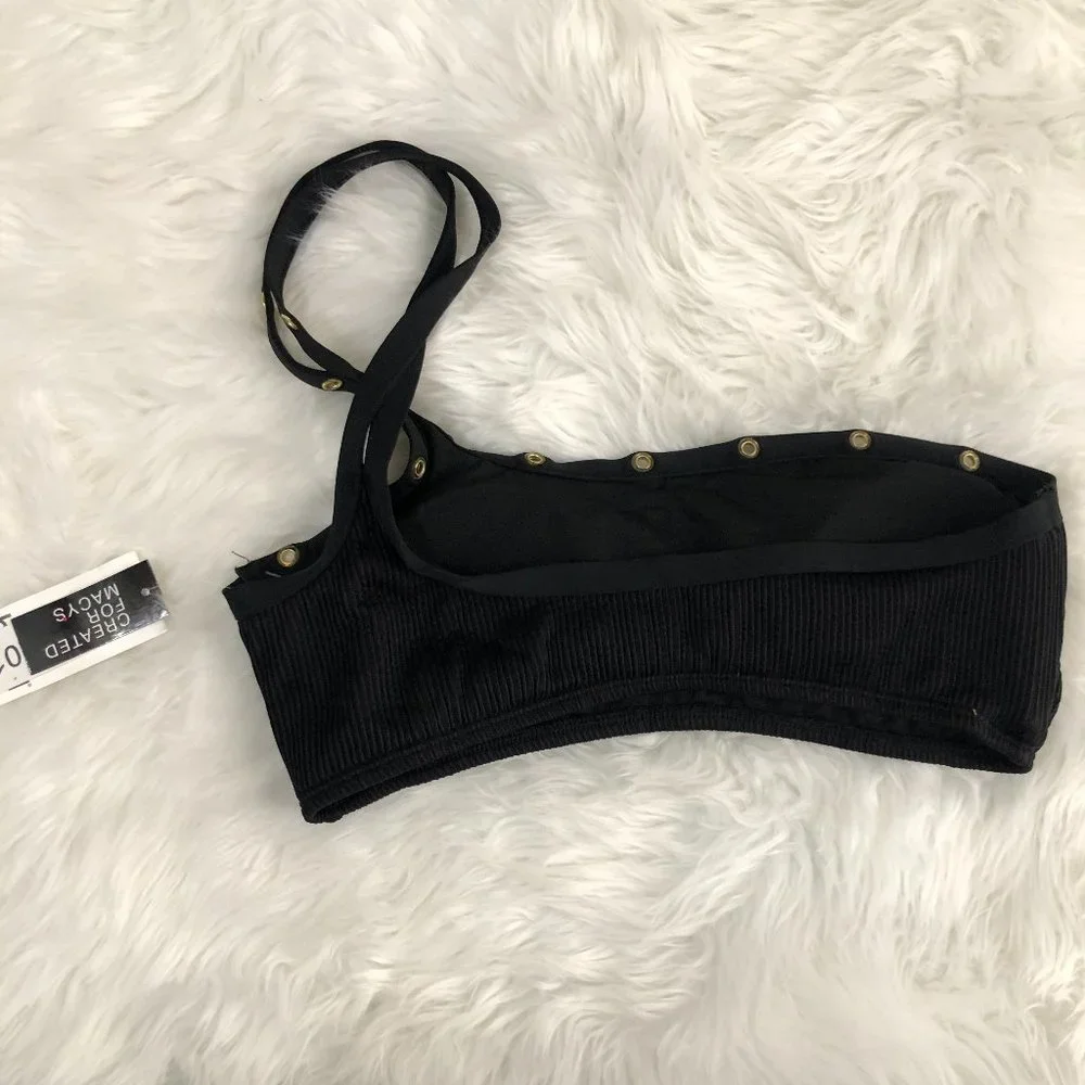 Bar III Black One-Shoulder Ribbed Bikini Top with Gold Studs
