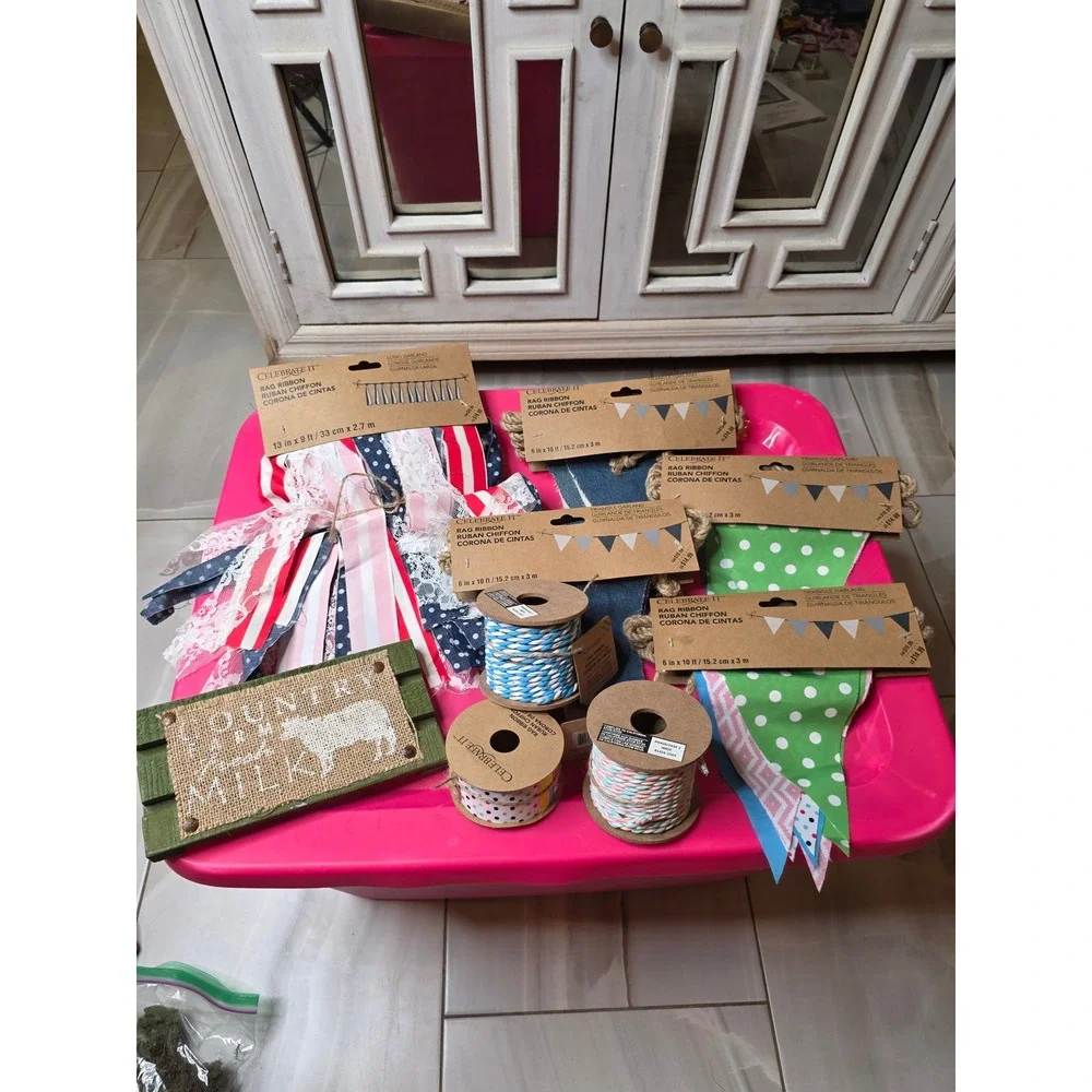 Celebrate It Rag Ribbon Garland Twine Lot Farmhouse Country‎ Fresh Milk Sign NEW