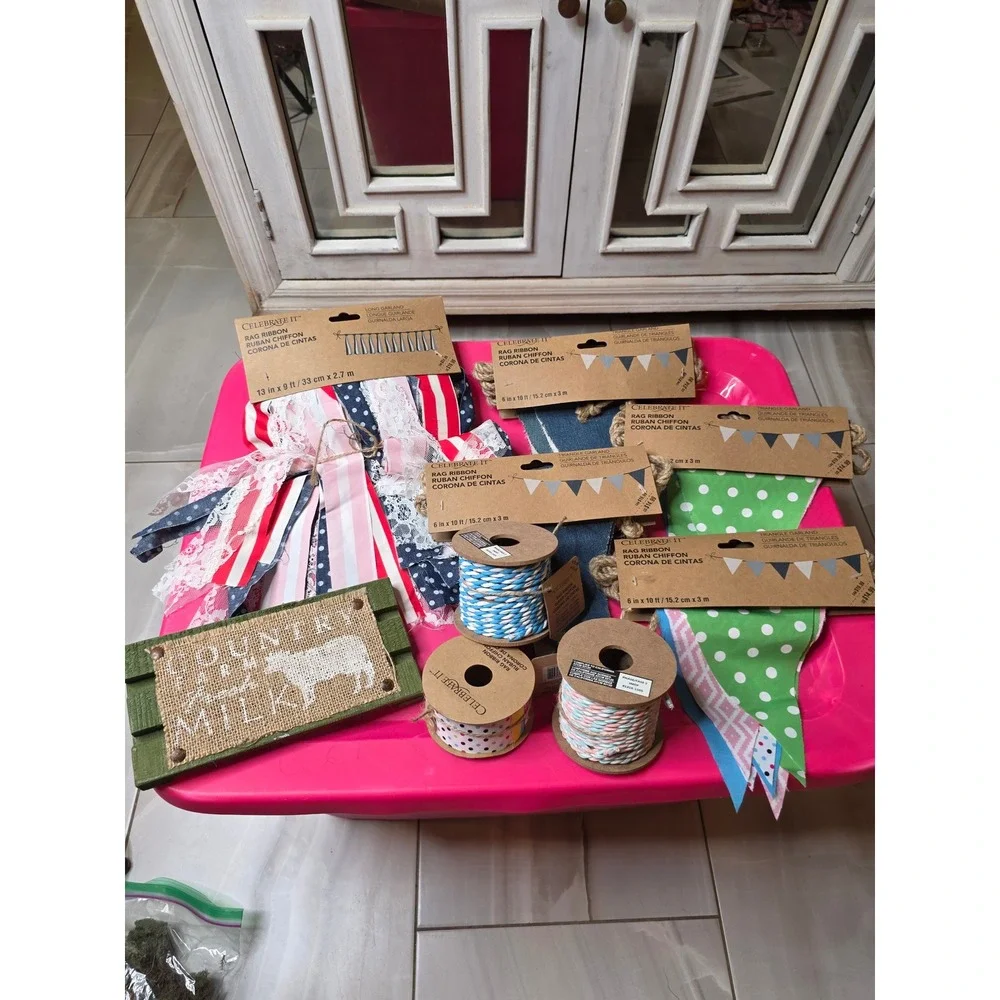 Celebrate It Rag Ribbon Garland Twine Lot Farmhouse Country‎ Fresh Milk Sign NEW