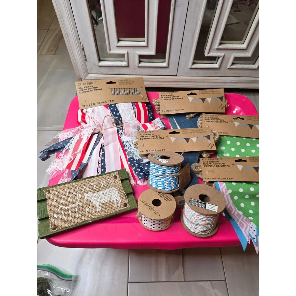 Celebrate It Rag Ribbon Garland Twine Lot Farmhouse Country‎ Fresh Milk Sign NEW