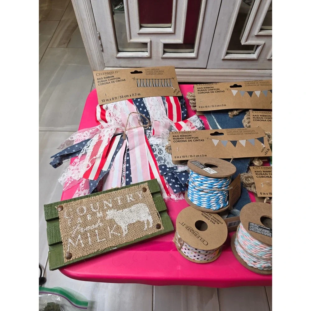 Celebrate It Rag Ribbon Garland Twine Lot Farmhouse Country‎ Fresh Milk Sign NEW