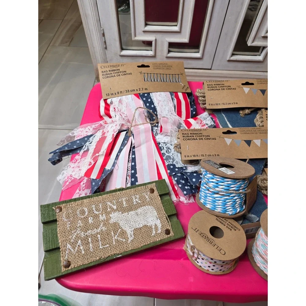 Celebrate It Rag Ribbon Garland Twine Lot Farmhouse Country‎ Fresh Milk Sign NEW