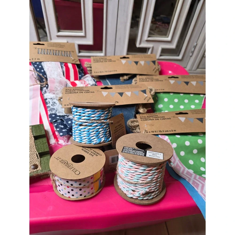 Celebrate It Rag Ribbon Garland Twine Lot Farmhouse Country‎ Fresh Milk Sign NEW