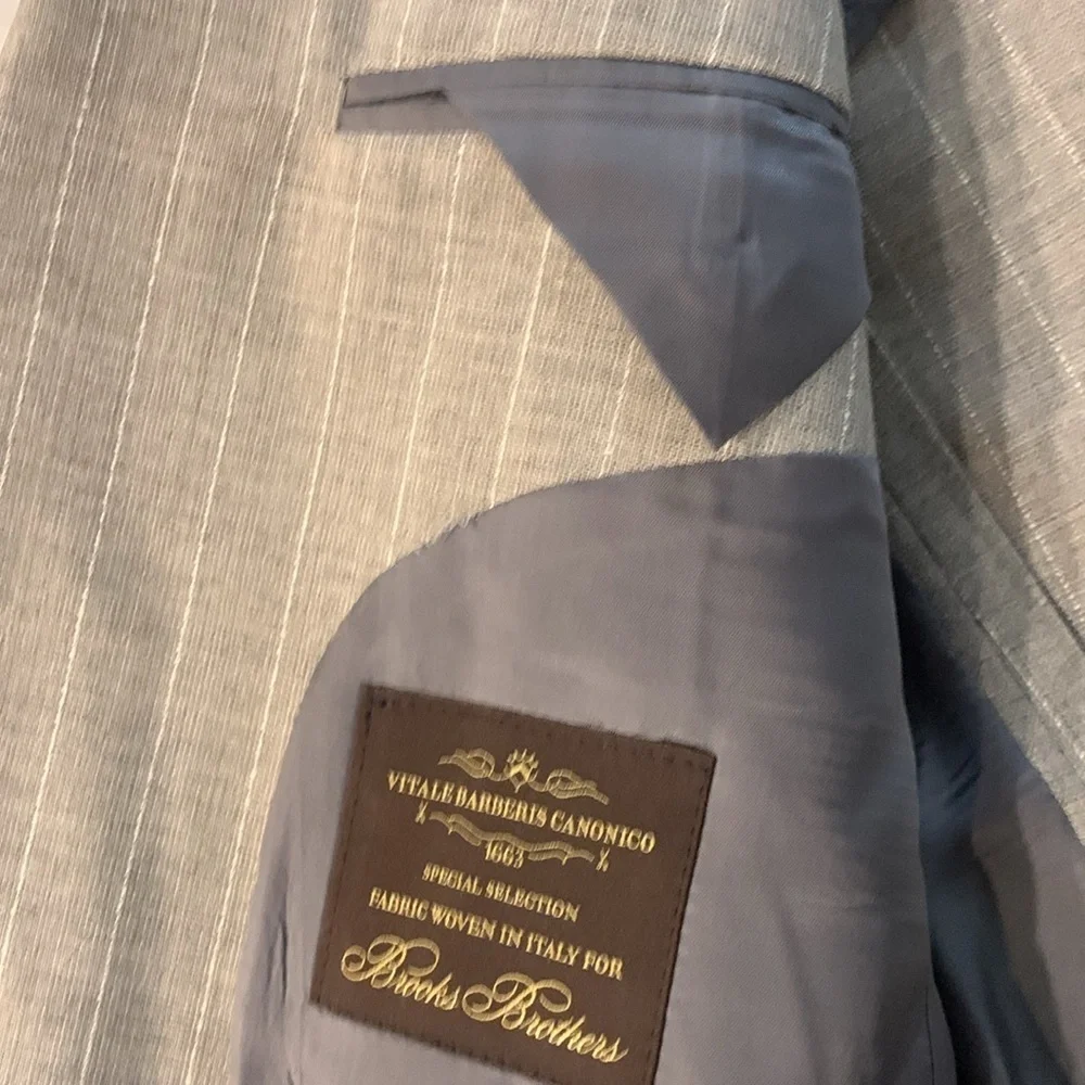 Brooks brother beige pinstripe wool suit, 40L blazer, 34” waist pant
