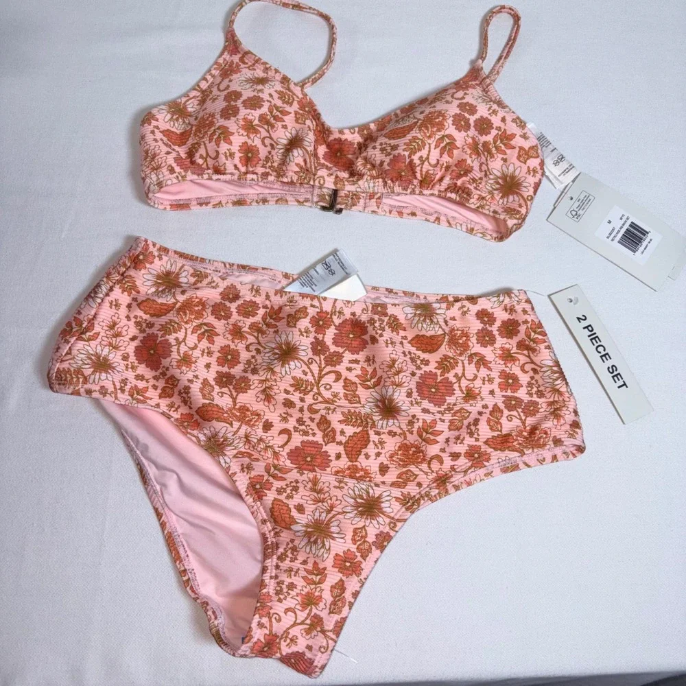 Billabong Bikini Set Medium Pink Floral NEW High Waist Ribbed Retro Rose Set