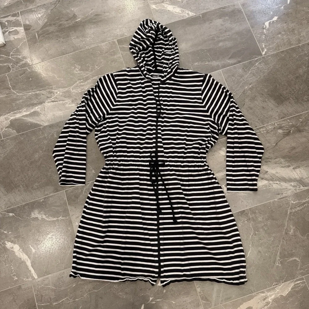 Lands' End Striped Hooded Drawstring Swim Cover Up - Black/White - Size 2X