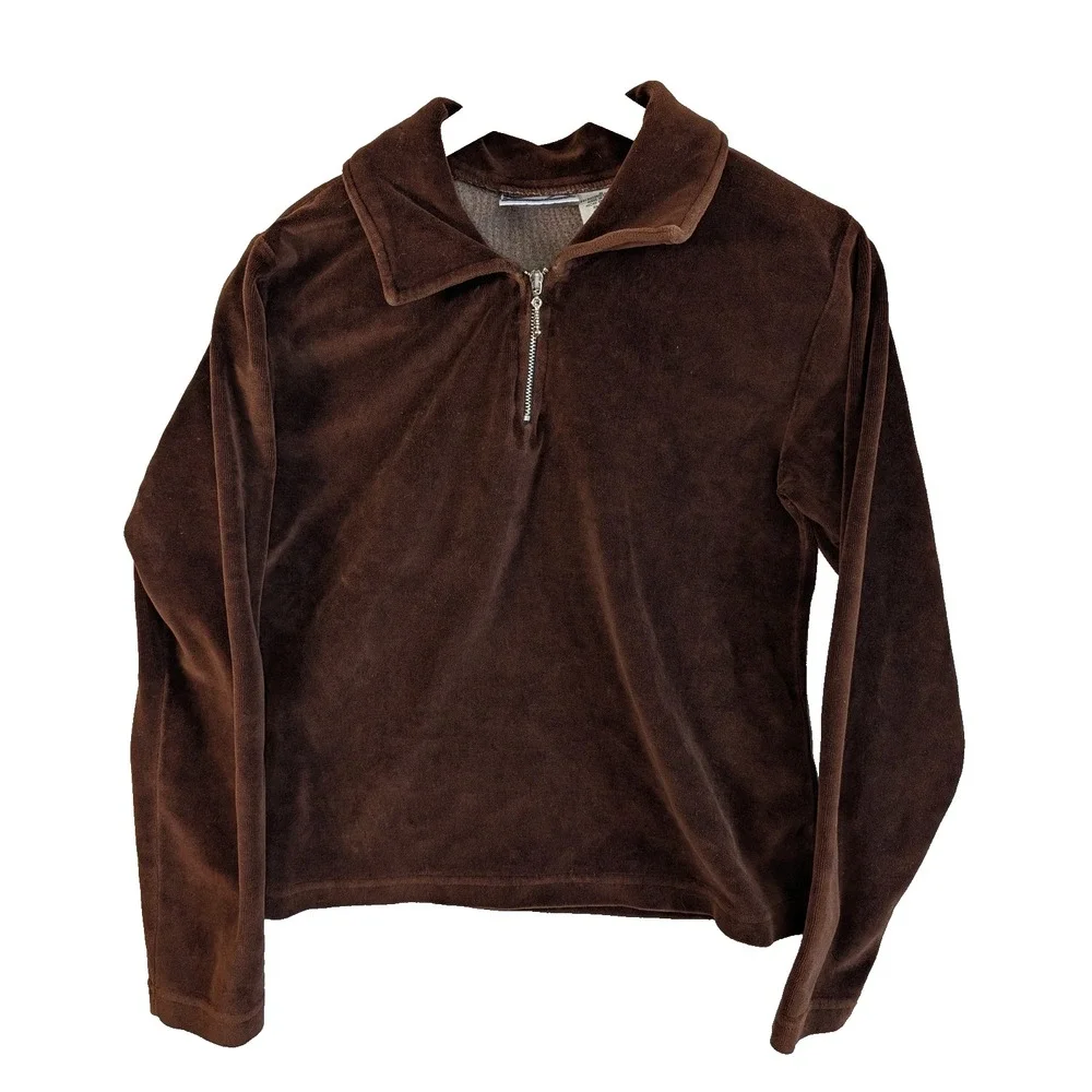 VTG Velour Velvet Brown 70s 1/4 Zip long sleeve Talon Disco Mens M vintage JMX