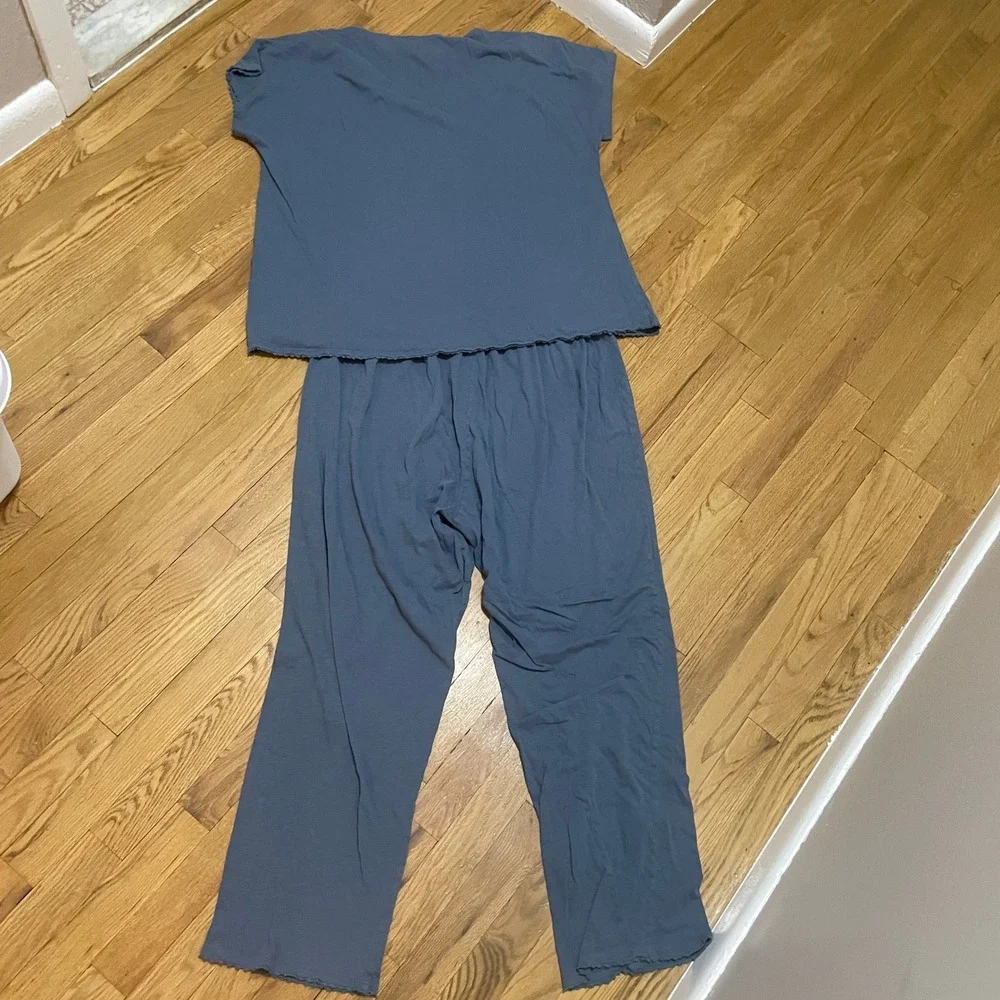 Eileen Fisher Garnet Hill Organic Cotton Pajama Set Blue XL V-Neck Picot Trim