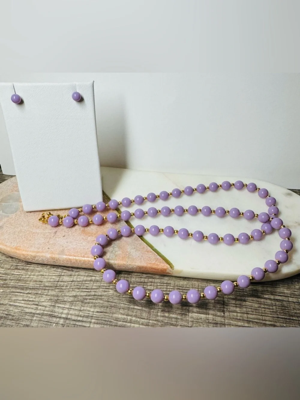 Vintage Monet Lavender Bead Necklace & Stud Earrings Set Gold Tone
