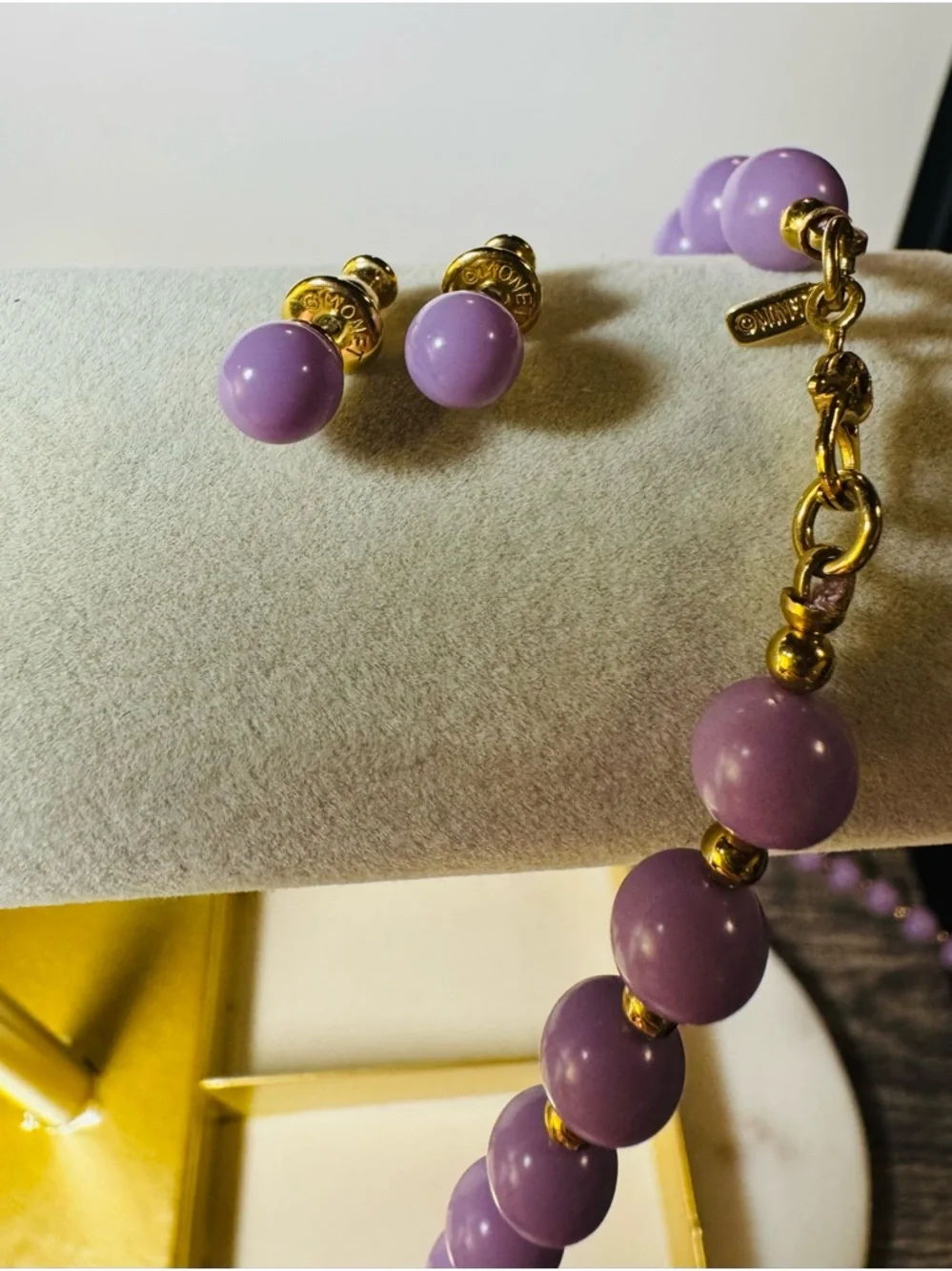 Vintage Monet Lavender Bead Necklace & Stud Earrings Set Gold Tone