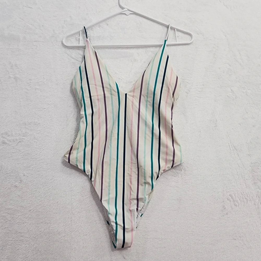 Raisins Swimsuit Womens M Multicolor Lola Stripe Printed Golden Cheeky One-Piece