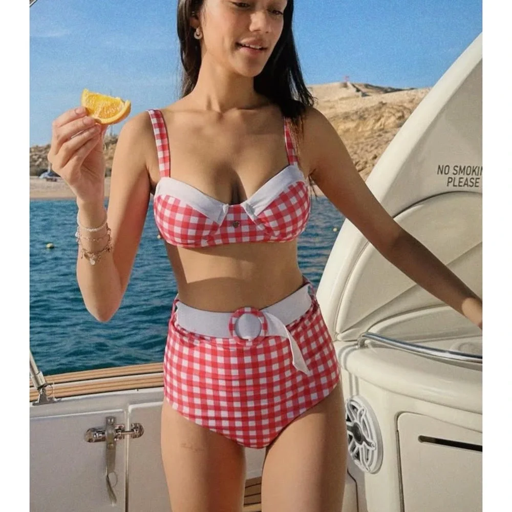 NEW Breakfast Party Cherry Waffle Gingham Bikini Swim Suit High Waist Retro Sz M