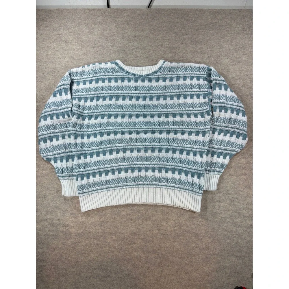 Vintage Geometric Knit Crewneck Sweater Blue Cream Textured Long Sleeve Pullover