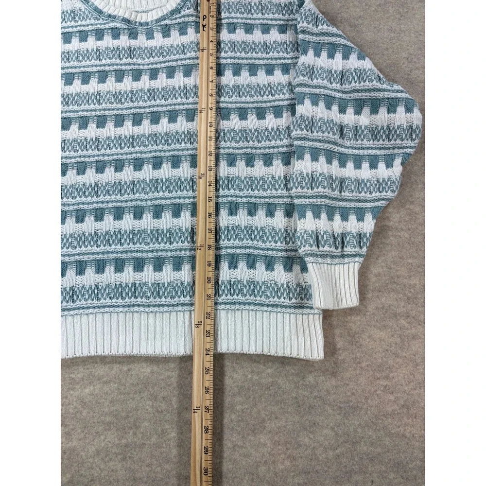 Vintage Geometric Knit Crewneck Sweater Blue Cream Textured Long Sleeve Pullover