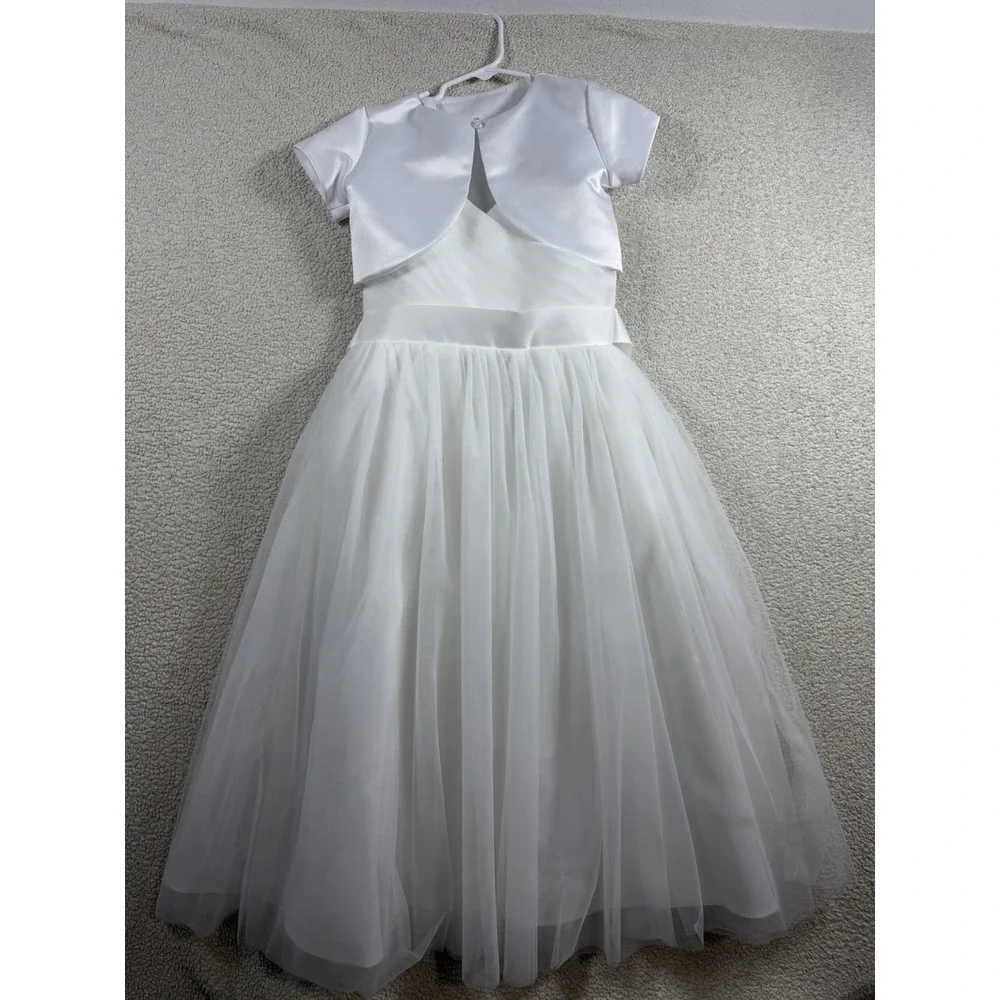 Girls White Tulle Formal Dress Size 130 8-9 Wedding Flower Girl Communion Socks