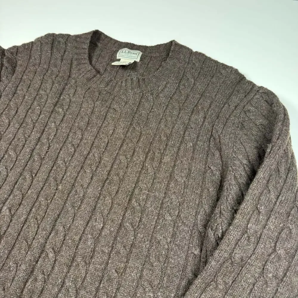 LL Bean Men's Lambswool Nylon Blend Cable Knit Crew Neck Sweater Brown XXL-REG