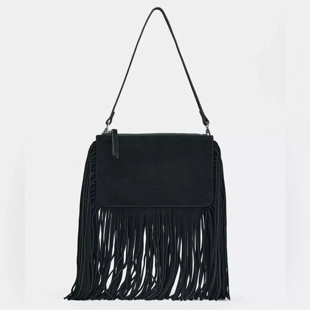 ZARA Leather Fringed Crossbody Bag - Black