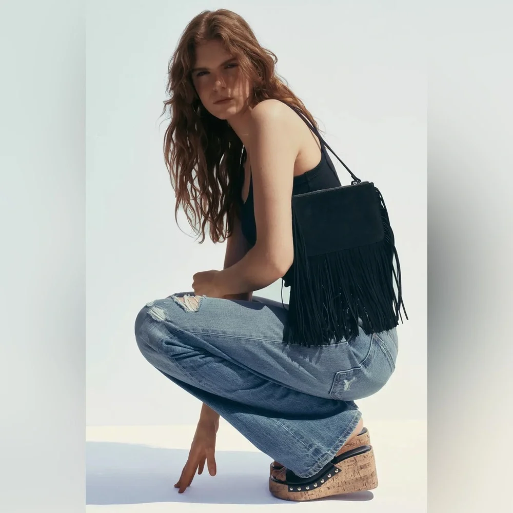 ZARA Leather Fringed Crossbody Bag - Black