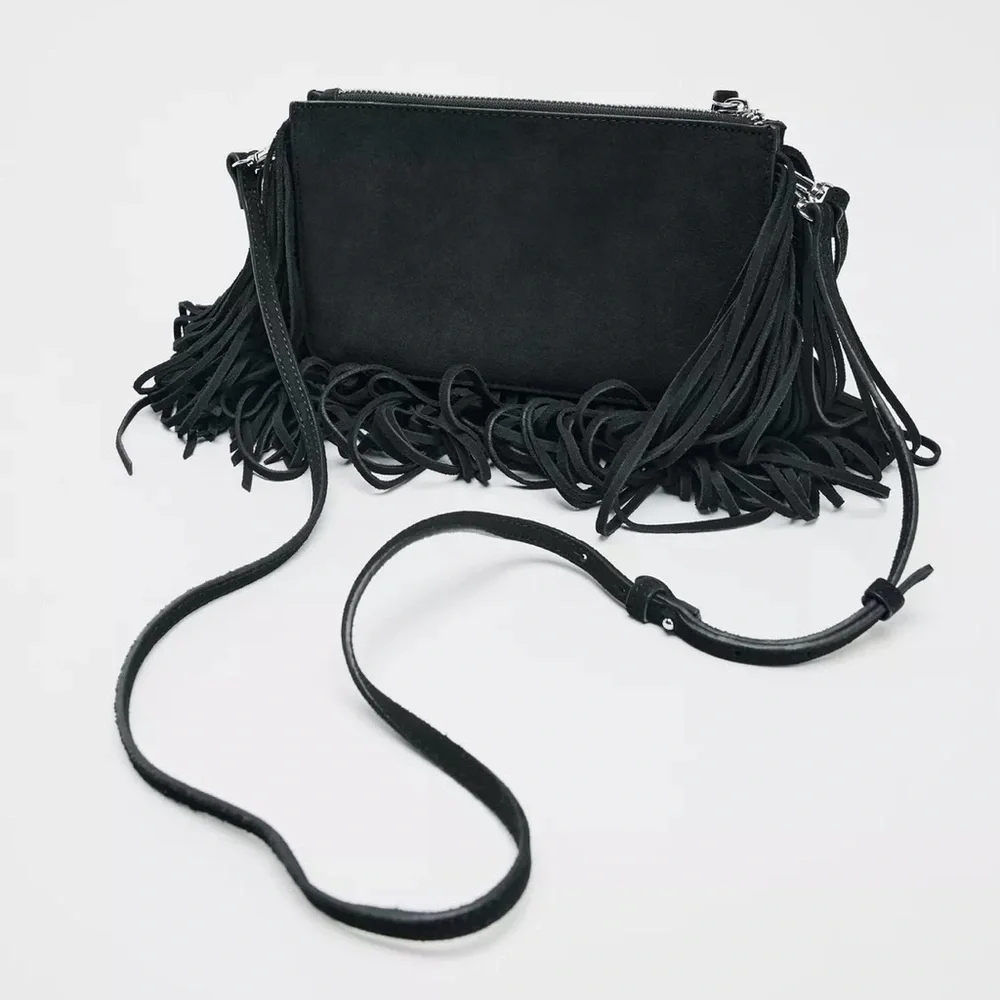 ZARA Leather Fringed Crossbody Bag - Black