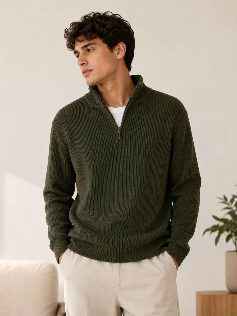Cherokee Men’s Olive Green 100% Cotton Ribbed Quarter Zip Sweater Size Large