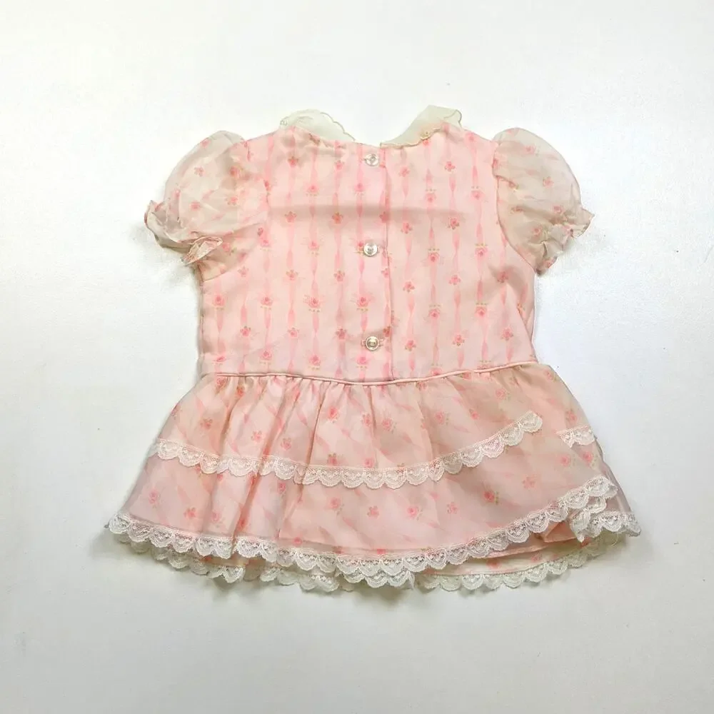 Vintage Dress Baby Girls Sz 12m Pink Sheer Drop Waist Rose Floral Party