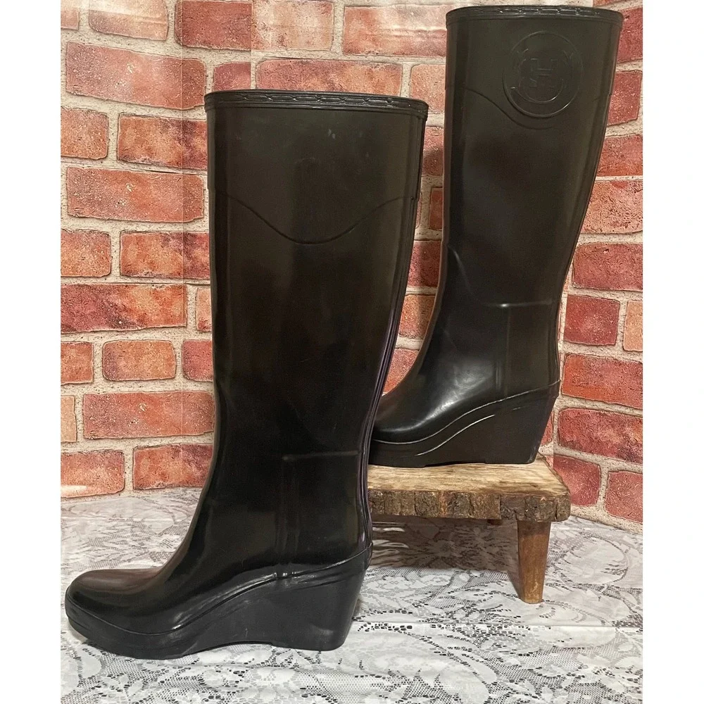 Hunter Champery Black Wedge Rain Boots W23955 Rubber Tall Platform Womens 8