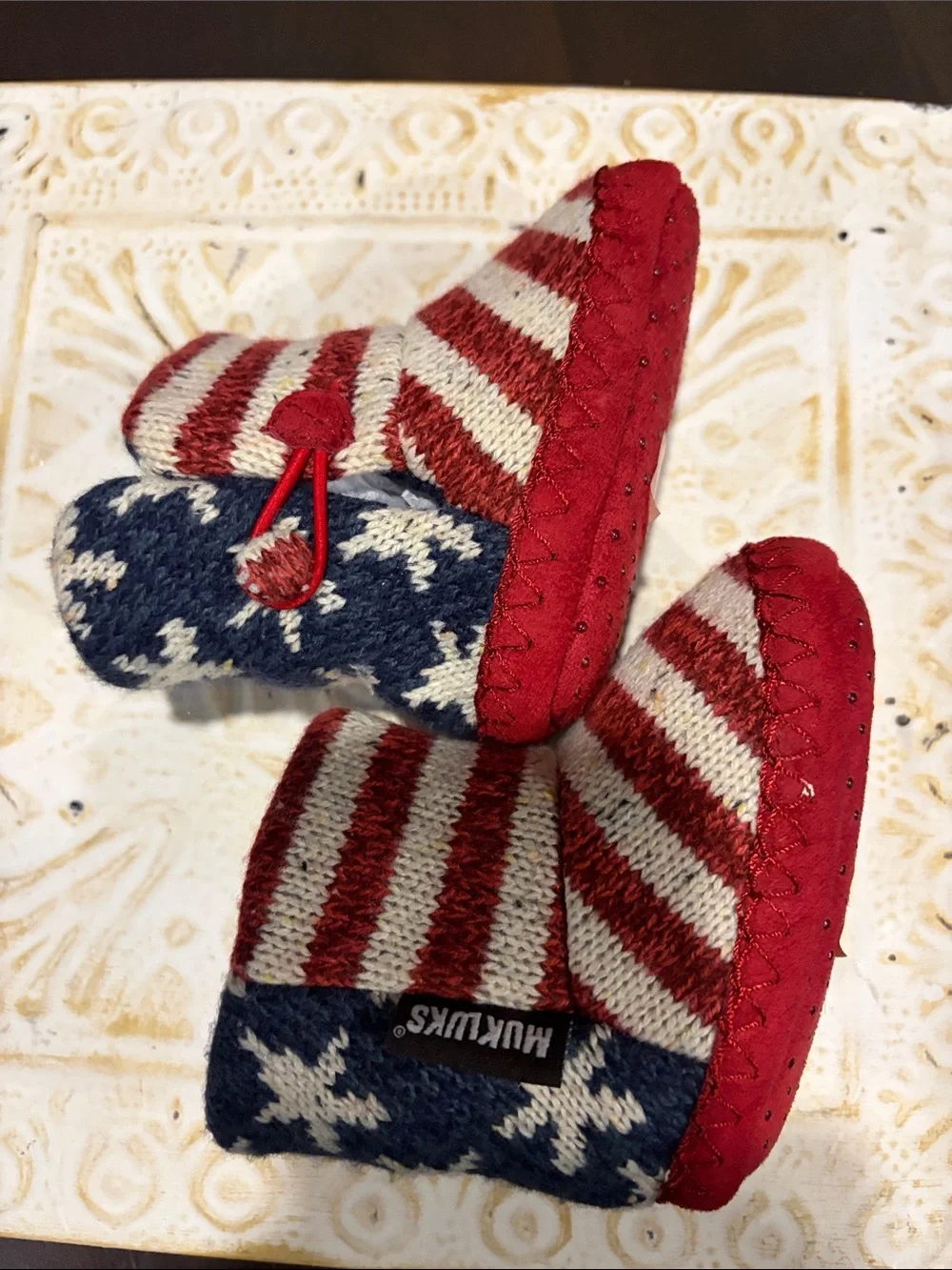 Muk Luks Red, White & Blue Striped Star Baby Booties size 6-12 months