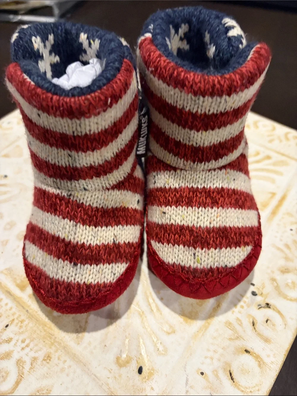 Muk Luks Red, White & Blue Striped Star Baby Booties size 6-12 months