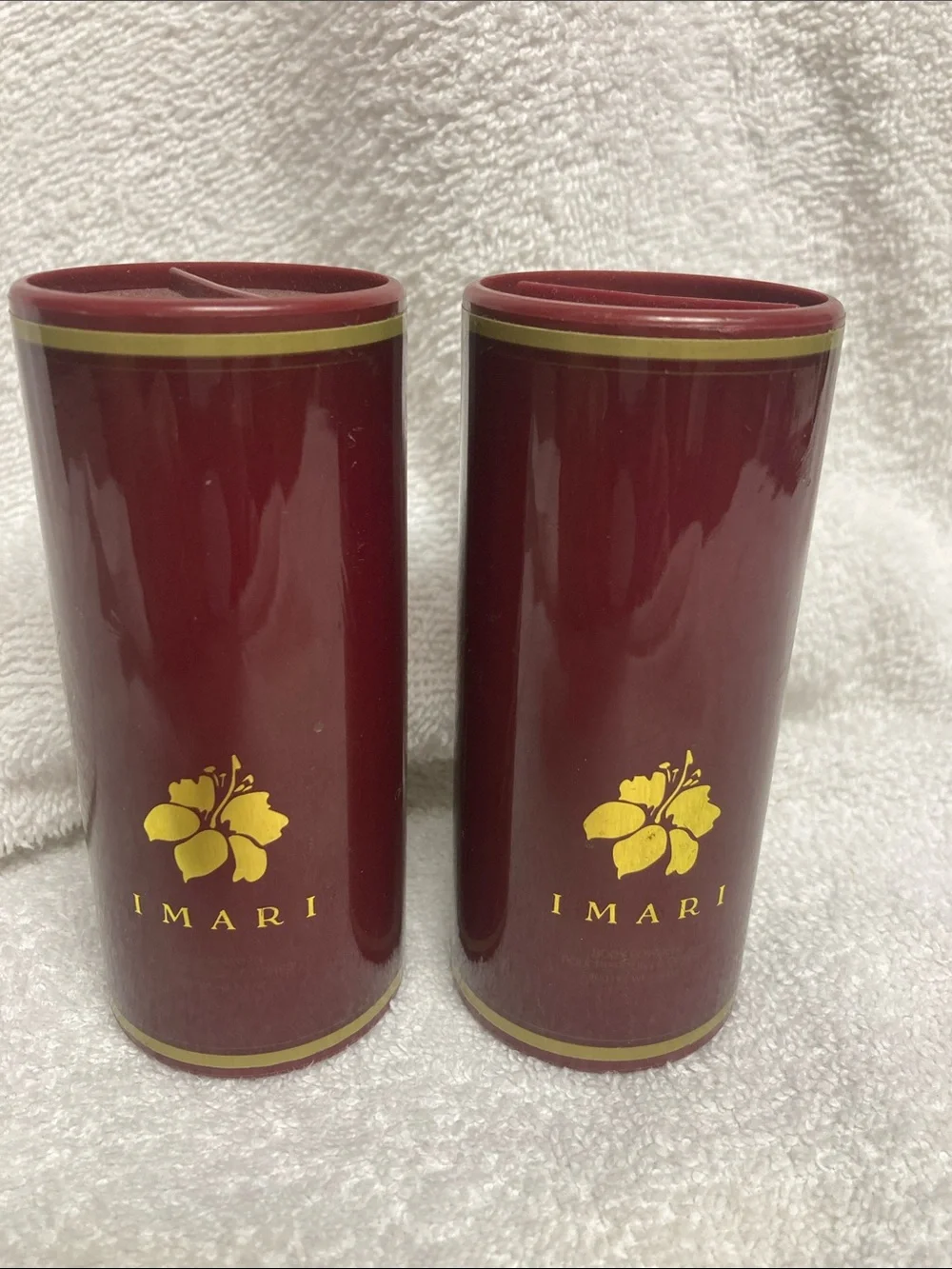 Avon Imari body powder Burgundy and Gold Hibiscus Canister set of 2