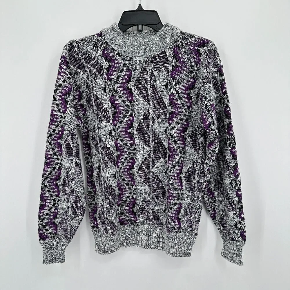 Vtg Todays News Sweater Mens M Purple Black Gray Knit‎ 90s Grandpa Grunge Indie